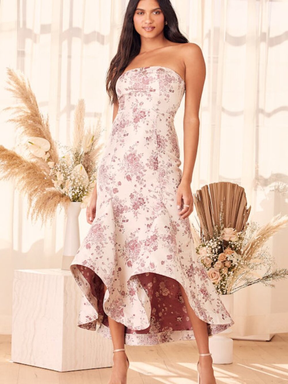 Lulus Fanfare Taupe Floral Jacquard Strapless High-low Trumpet Dress - Size XS